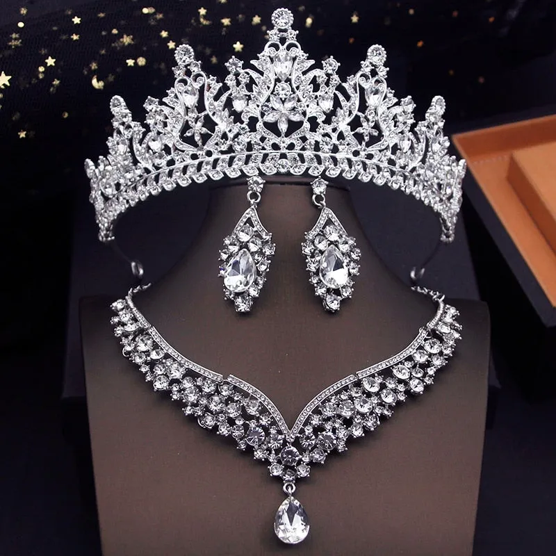 Fashion Colors Bridal Jewelry Sets With Tiaras Princess Wedding Crown Necklace Earrings Set Costume Accessories