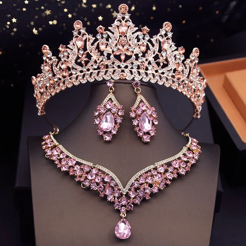 Fashion Colors Bridal Jewelry Sets With Tiaras Princess Wedding Crown Necklace Earrings Set Costume Accessories