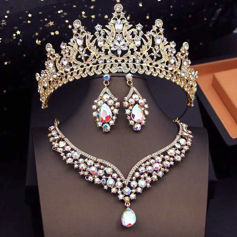 Fashion Colors Bridal Jewelry Sets With Tiaras Princess Wedding Crown Necklace Earrings Set Costume Accessories