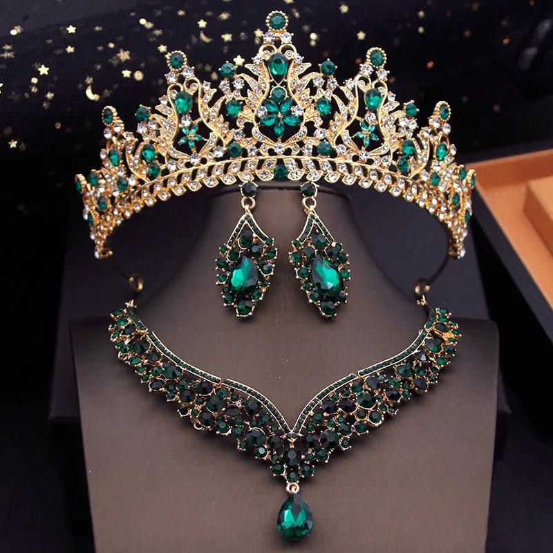 Fashion Colors Bridal Jewelry Sets With Tiaras Princess Wedding Crown Necklace Earrings Set Costume Accessories