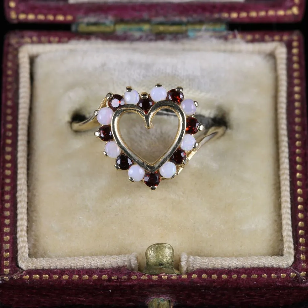 Garnet And Opal Heart Ring 9Ct Gold Victorian