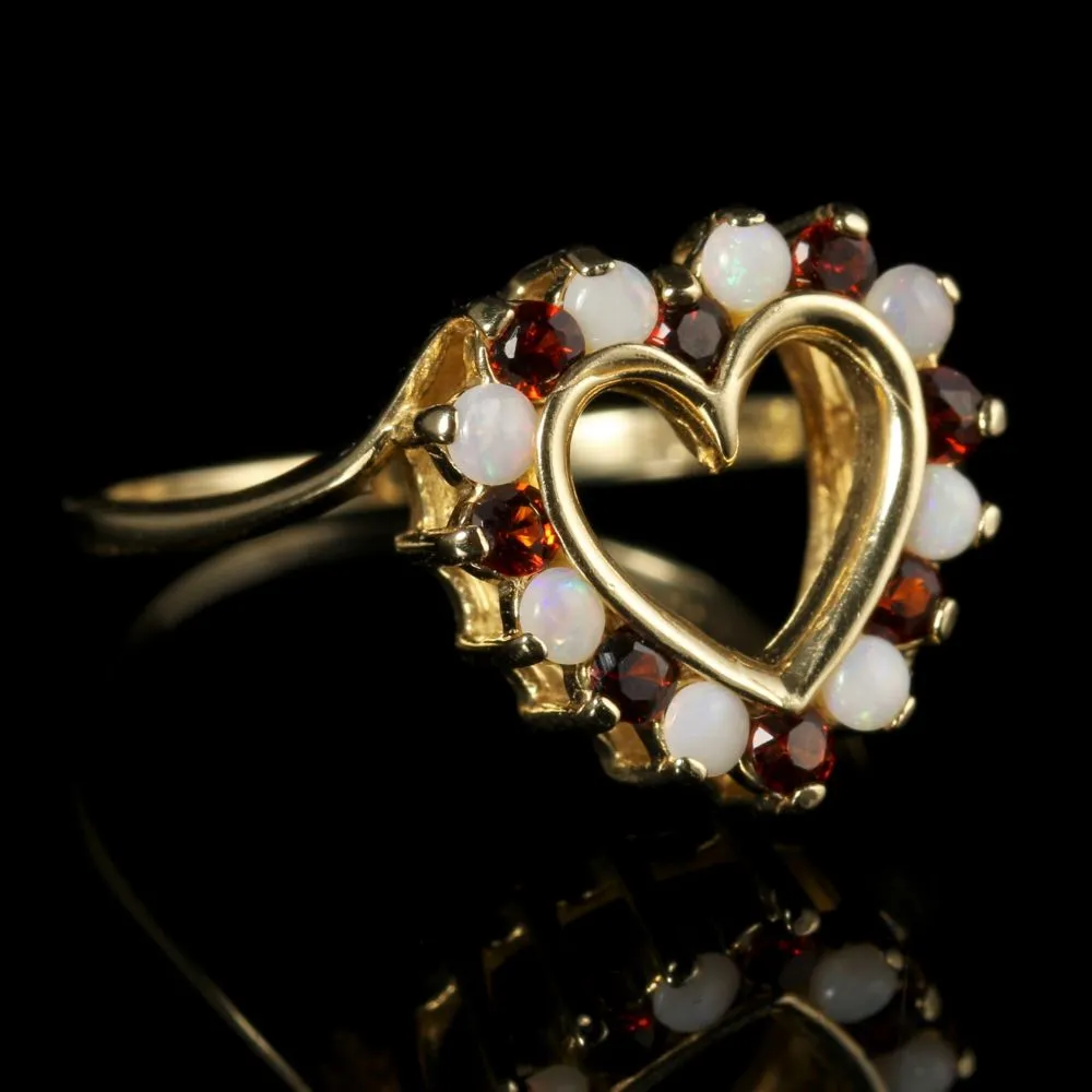 Garnet And Opal Heart Ring 9Ct Gold Victorian