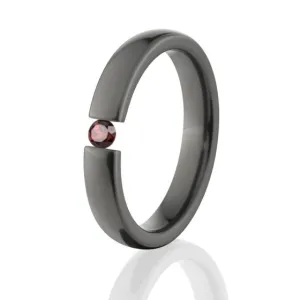 Garnet Tension Set Ring, Black Zirconium Ring