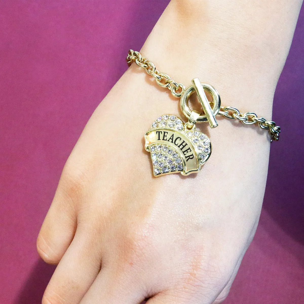 Gold Teacher Pave Heart Charm Toggle Bracelet