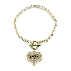 Gold Teacher Pave Heart Charm Toggle Bracelet