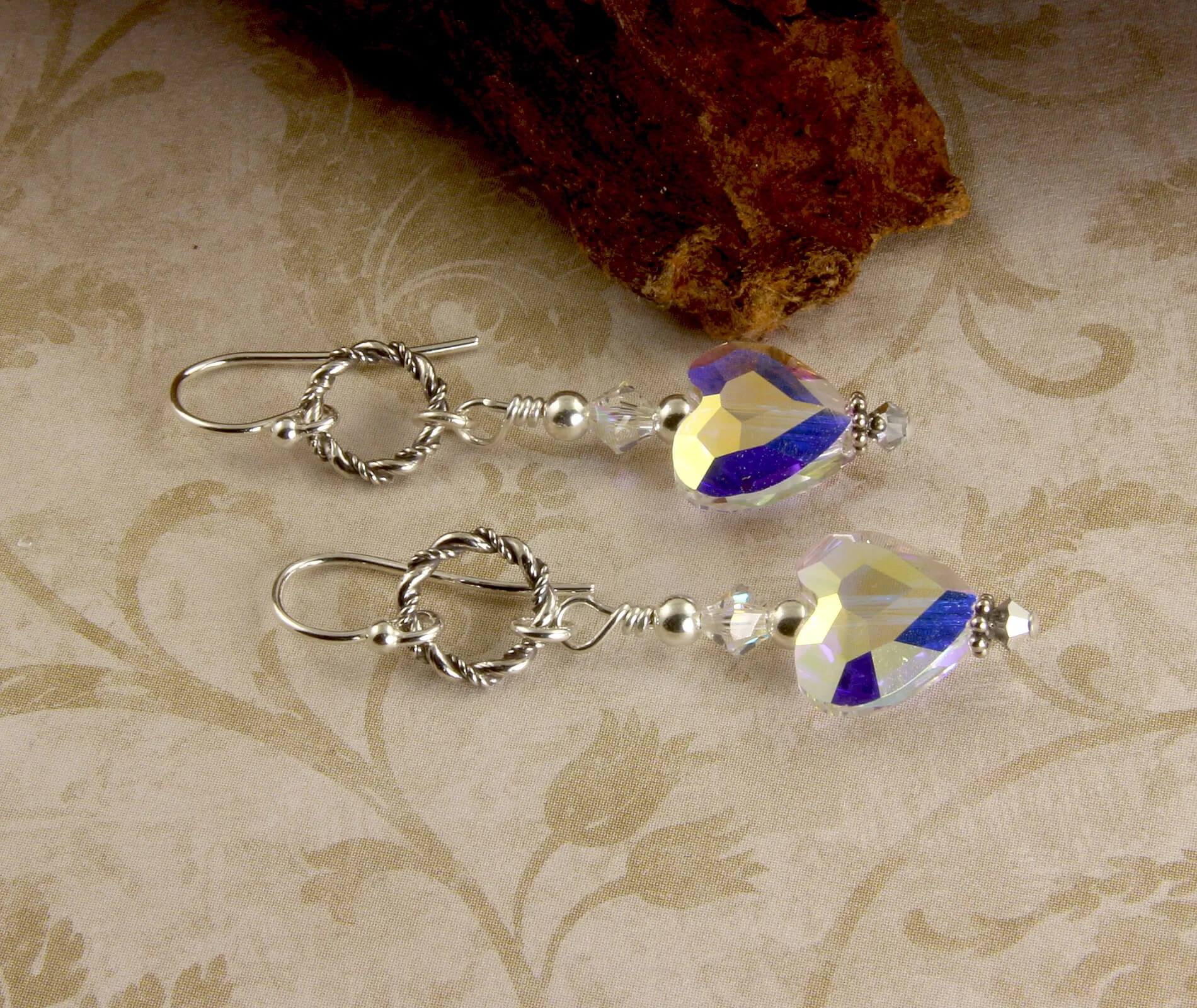 Iridescent Swarovski Heart Crystal Earrings, Sterling Silver