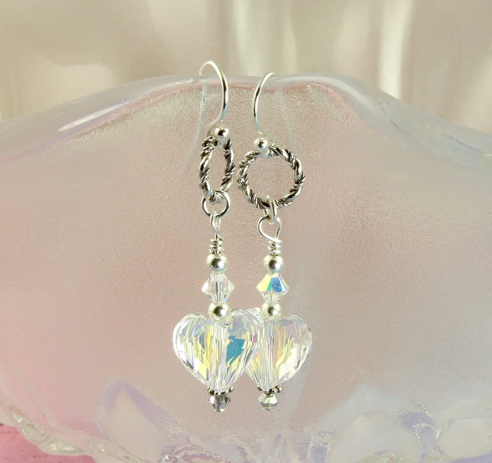 Iridescent Swarovski Heart Crystal Earrings, Sterling Silver