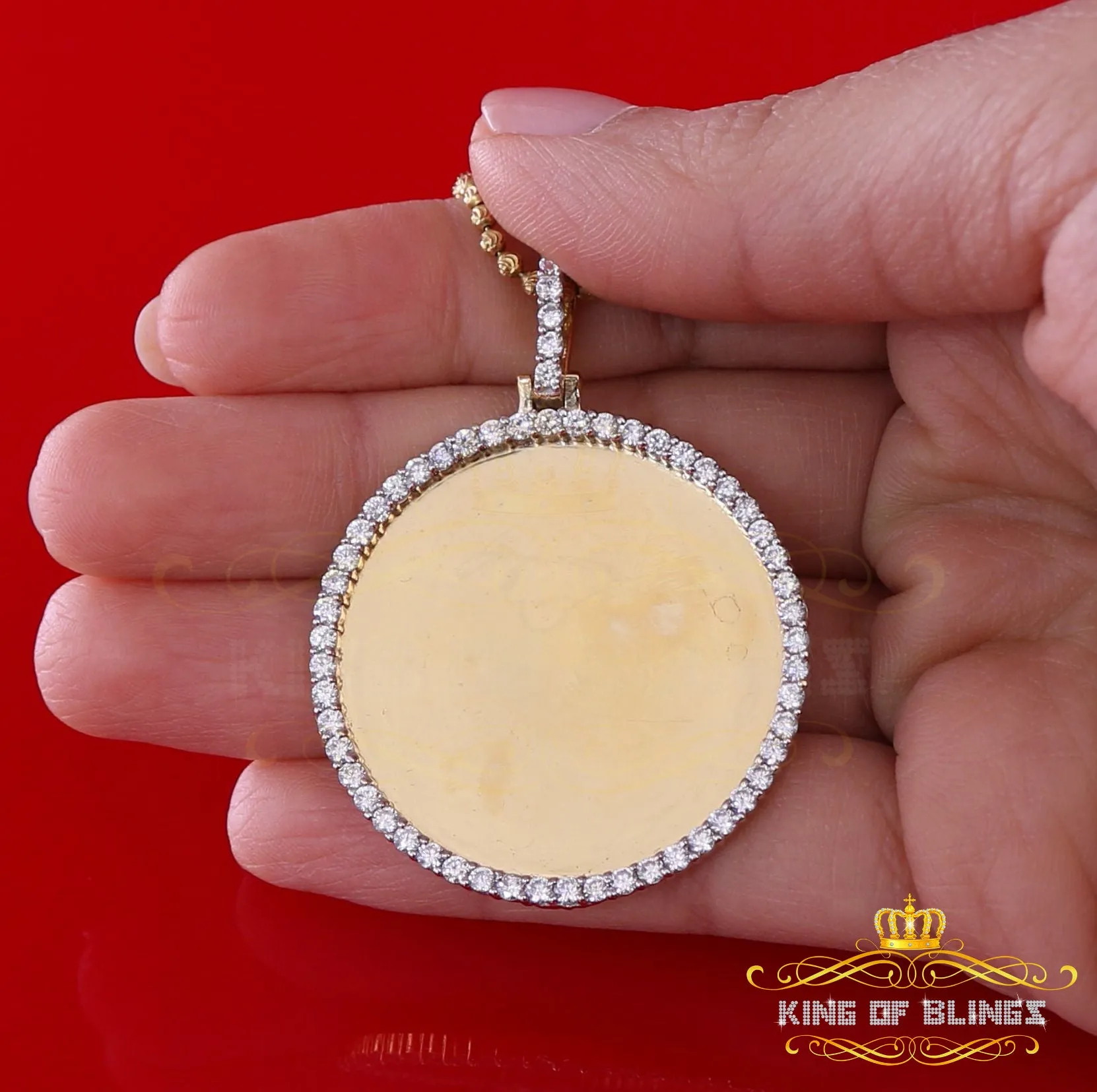 King of Bling's 1.50" Picture Round Yellow Pendant Round Sterling Silver 3.42ct Cubic Zirconia