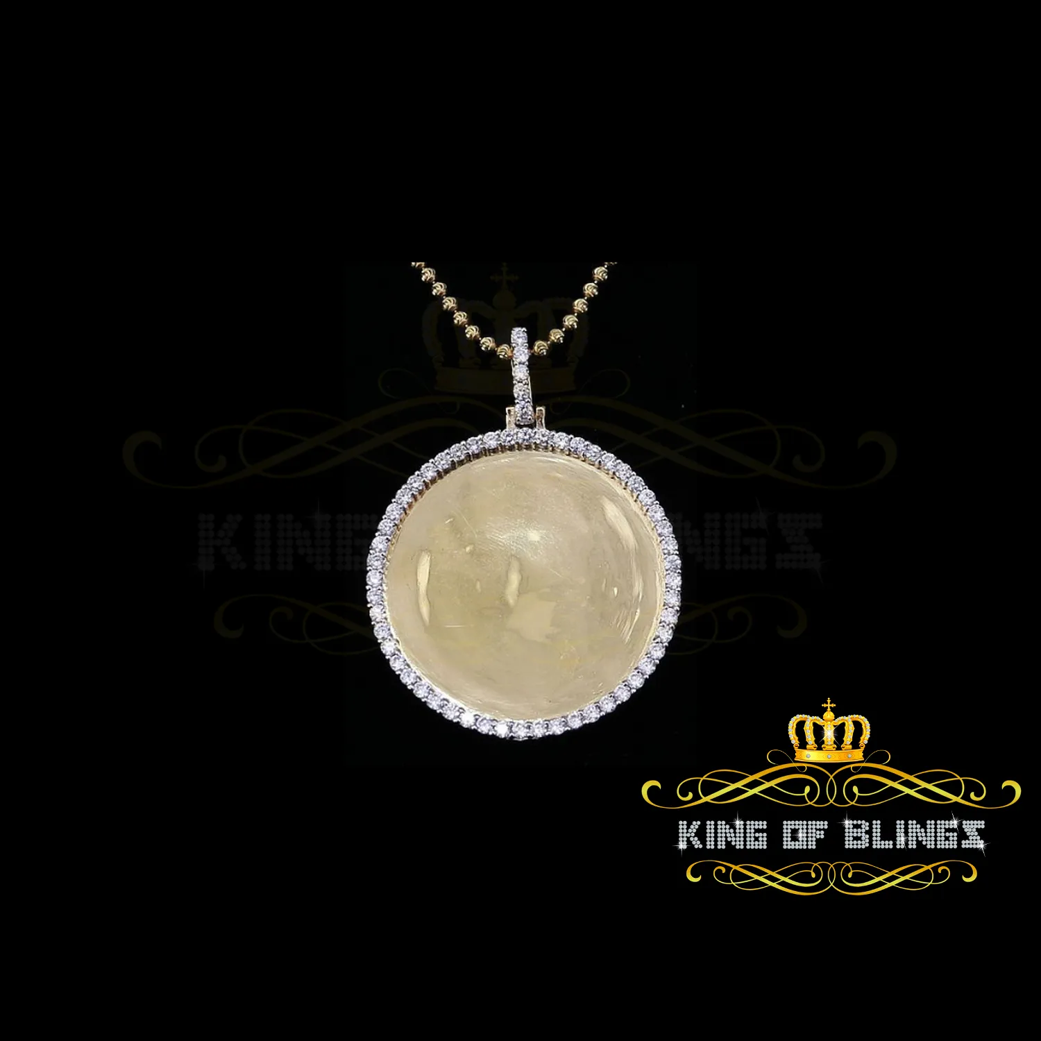 King of Bling's 1.50" Picture Round Yellow Pendant Round Sterling Silver 3.42ct Cubic Zirconia