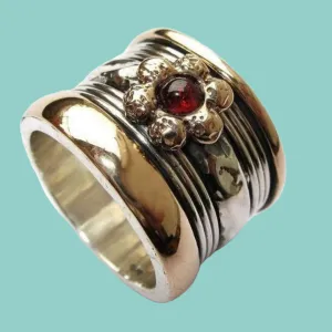 Meditation ring for woman spinner ring , floral garnet rings israeli jewelry