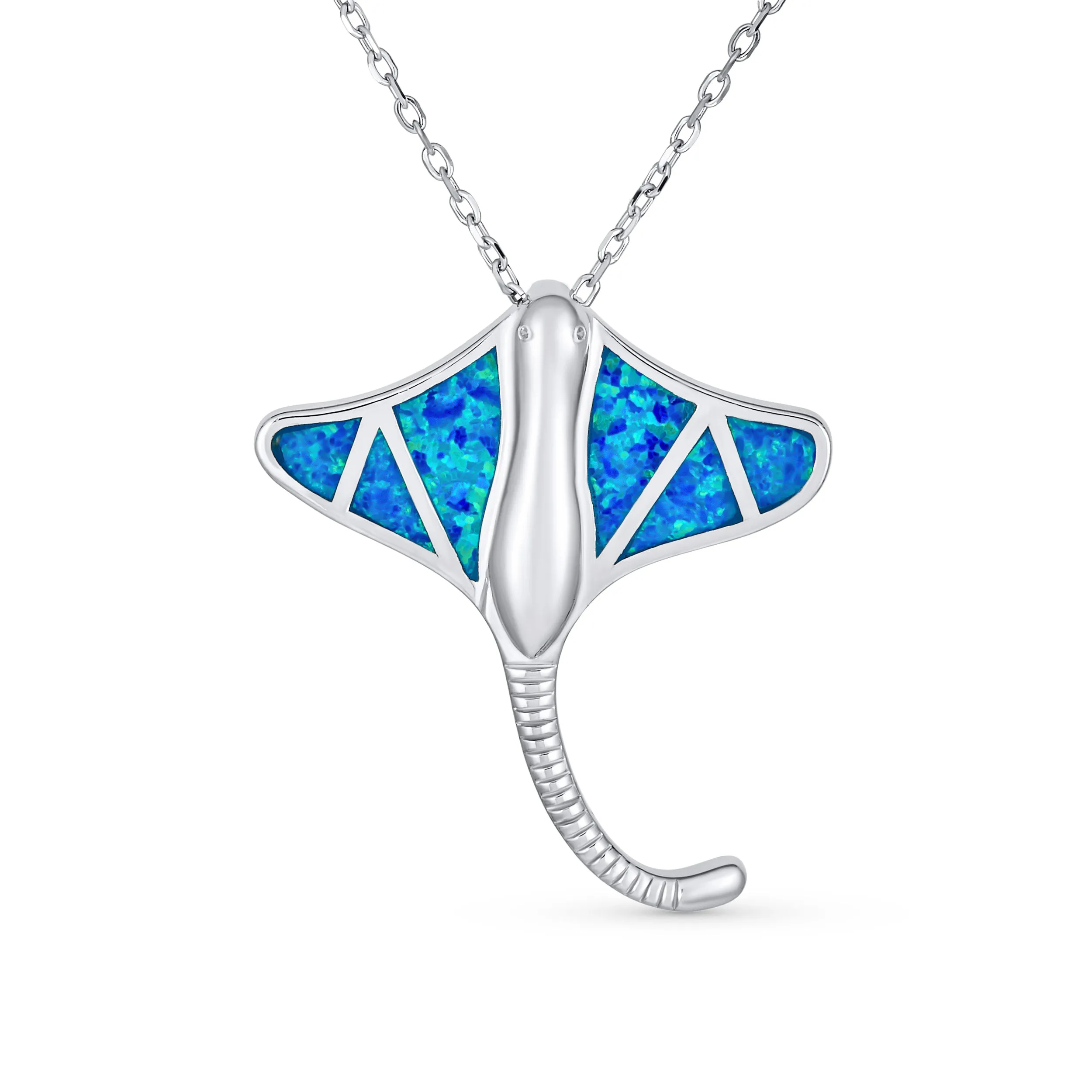 Nautical Ocean Blue Opal Stingray Pendant Necklace in Sterling Silver