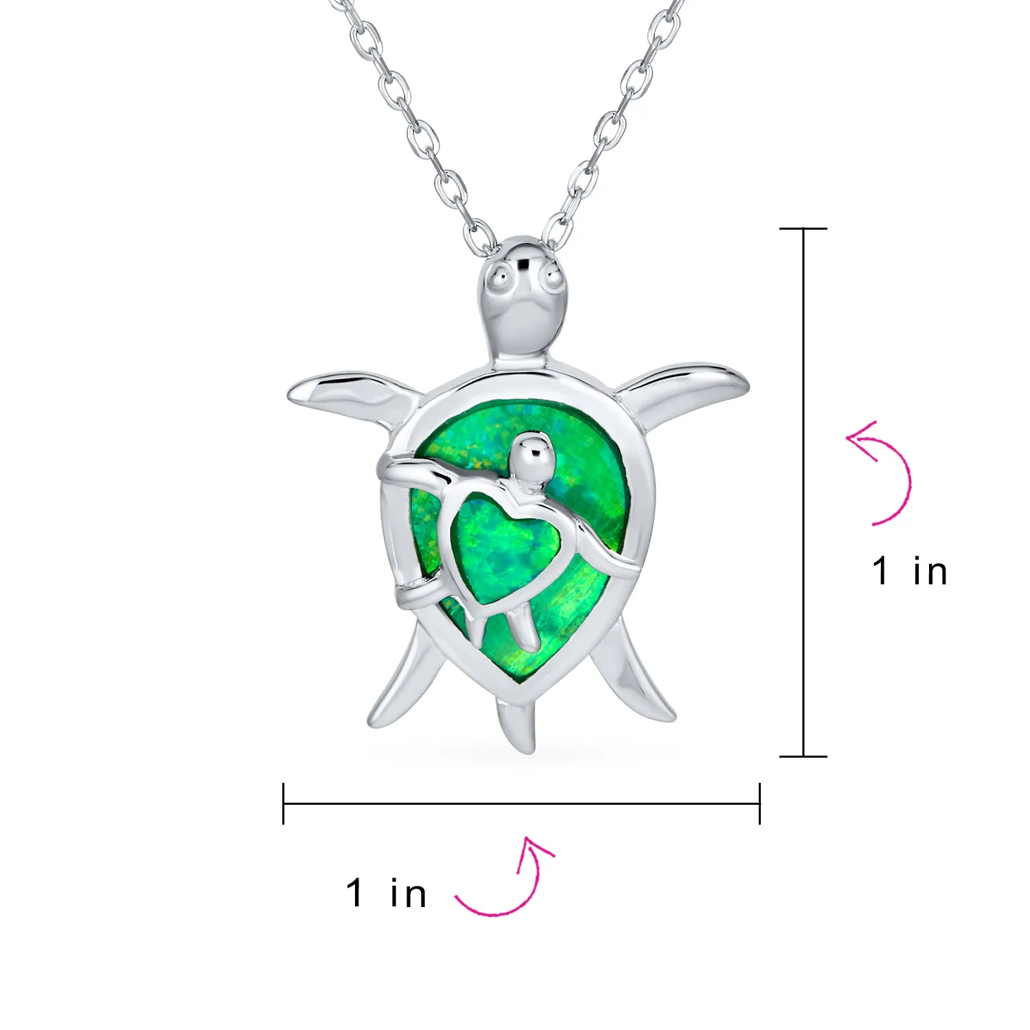 Nautical Opal Inlay Green Heart Sea Turtle Pendant Necklace in Sterling Silver