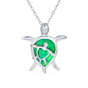 Nautical Opal Inlay Green Heart Sea Turtle Pendant Necklace in Sterling Silver