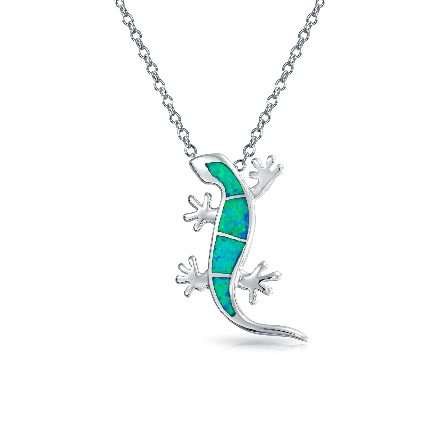 Nautical Tropical Green Opal Gecko Lizard Pendant Necklace in Sterling Silver