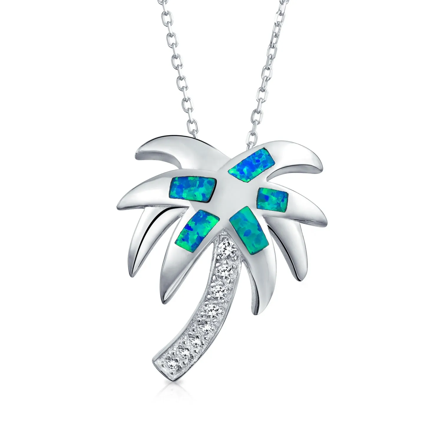 Nautical Tropical Opal Palm Tree Pendant Necklace in Sterling Silver