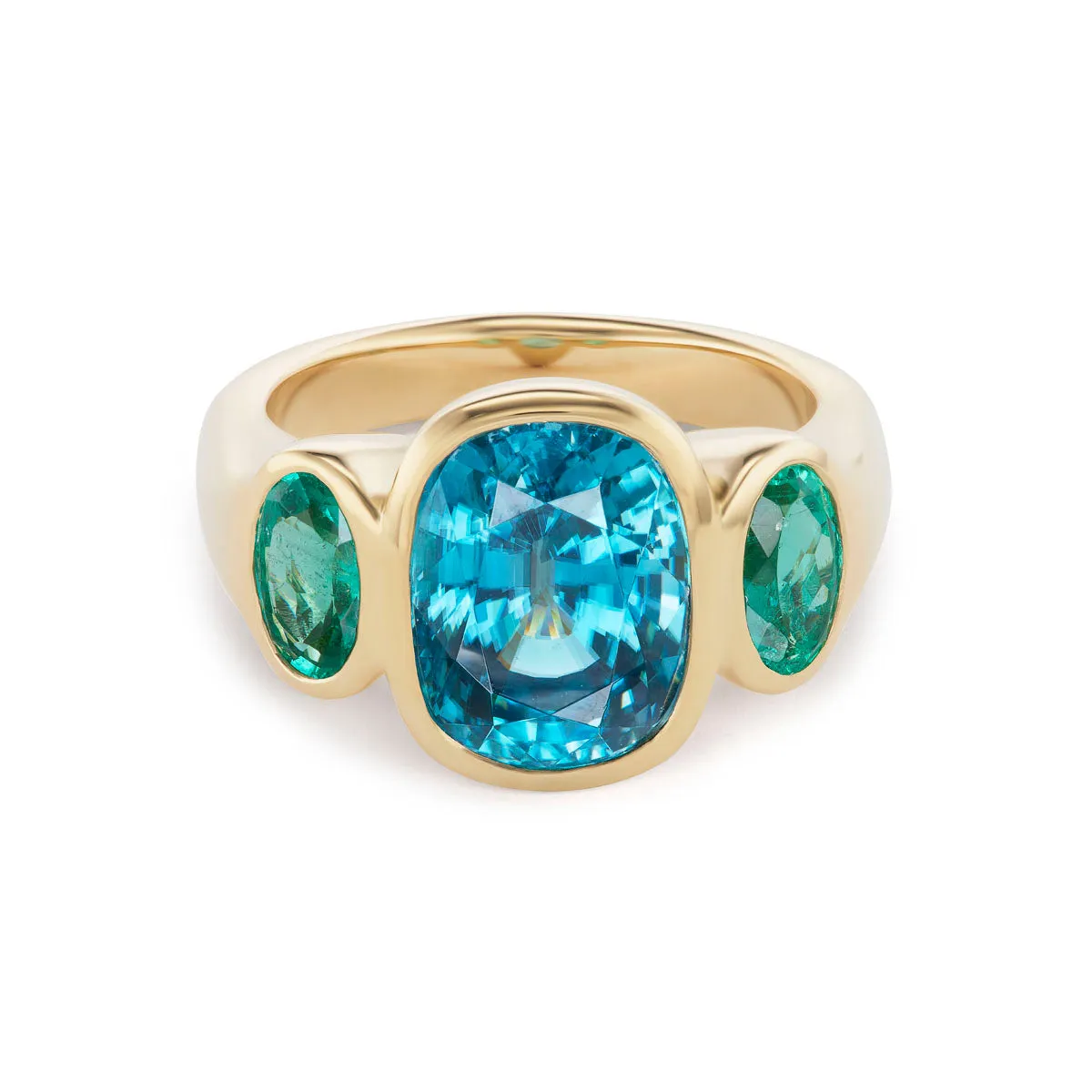 One-of-a-Kind BNS Ring with Oval Blue Zircon and Oval Emerald Sides