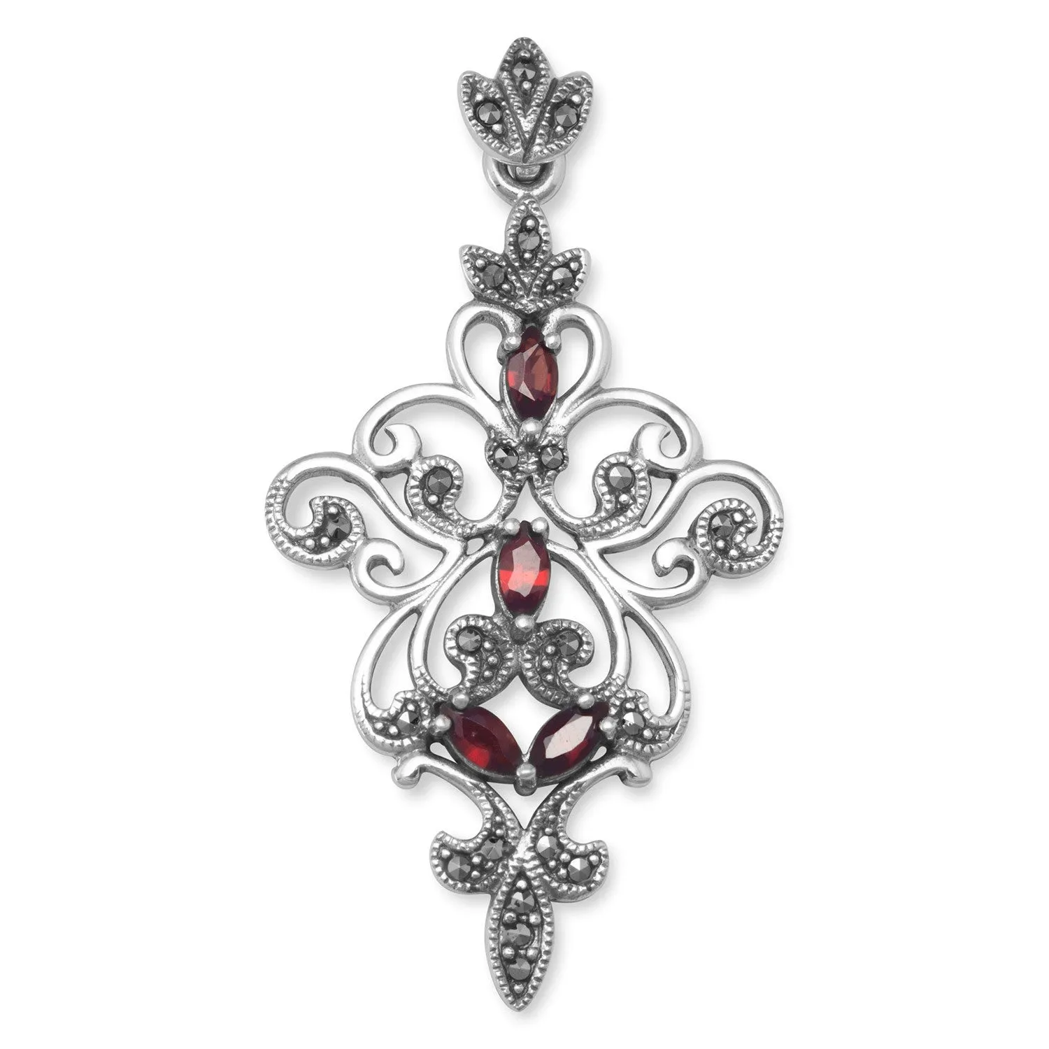 Ornate Marcasite and Garnet Pendant