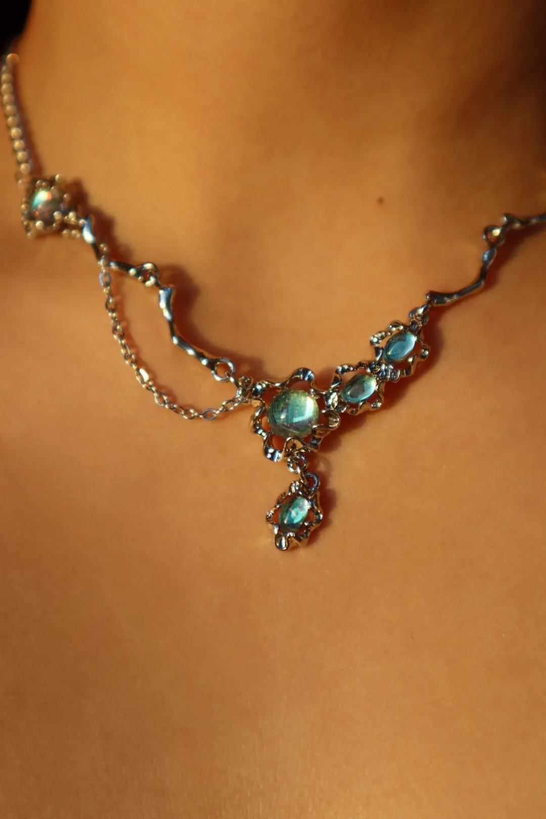 Platinum Plated Opal Dangle Necklace