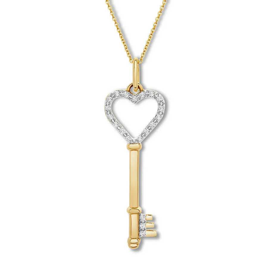 Pre-Owned Kay 10k Gold 1/10ct Diamond Heart Key Pendant Necklace