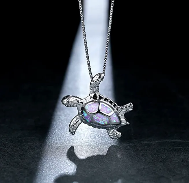 Purple Blue Opal Turtle Necklace Pendant Beach Ocean Tropical Turtle Jewelry Hawaiian Chain Gift 925 Sterling Silver 20in.