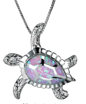 Purple Blue Opal Turtle Necklace Pendant Beach Ocean Tropical Turtle Jewelry Hawaiian Chain Gift 925 Sterling Silver 20in.