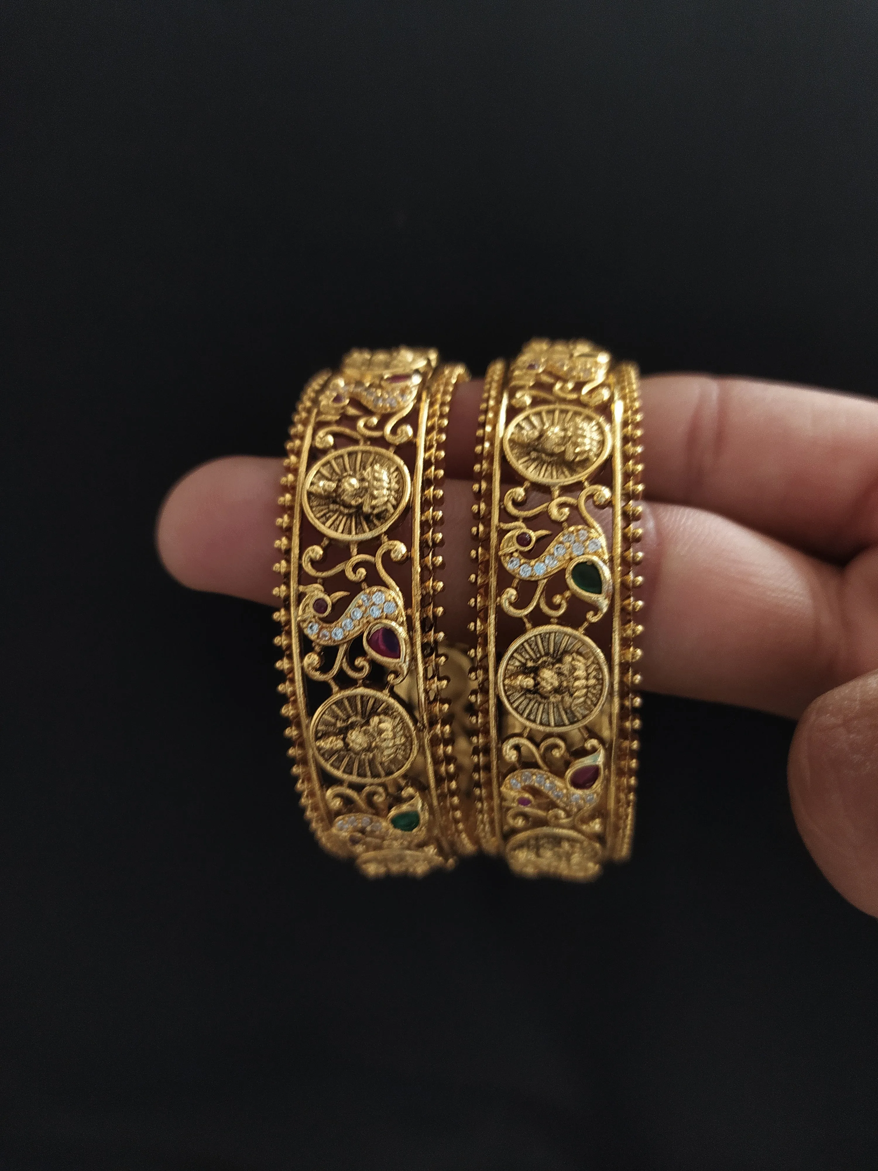 "Antique Gold Look Lakshmi Bangles with Peacock and Zircon Stones - All Standard Sizes Available"