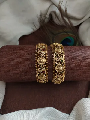 "Antique Gold Look Lakshmi Bangles with Peacock and Zircon Stones - All Standard Sizes Available"