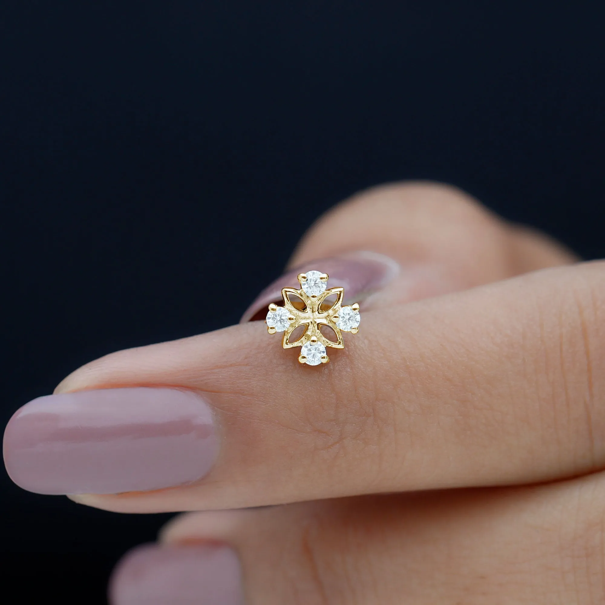 Round Moissanite Gold Flower Earring for Upper Lobe Piercing