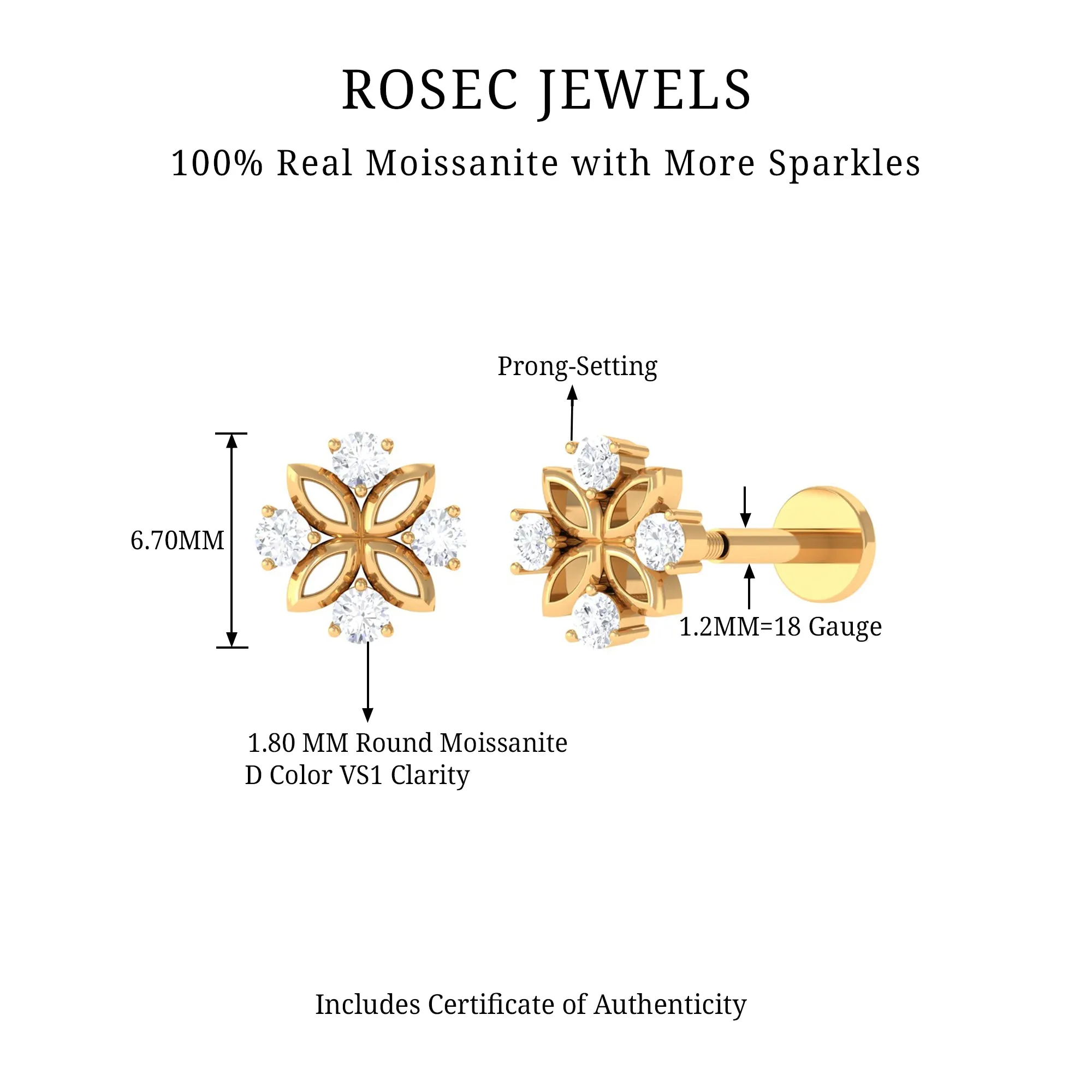 Round Moissanite Gold Flower Earring for Upper Lobe Piercing