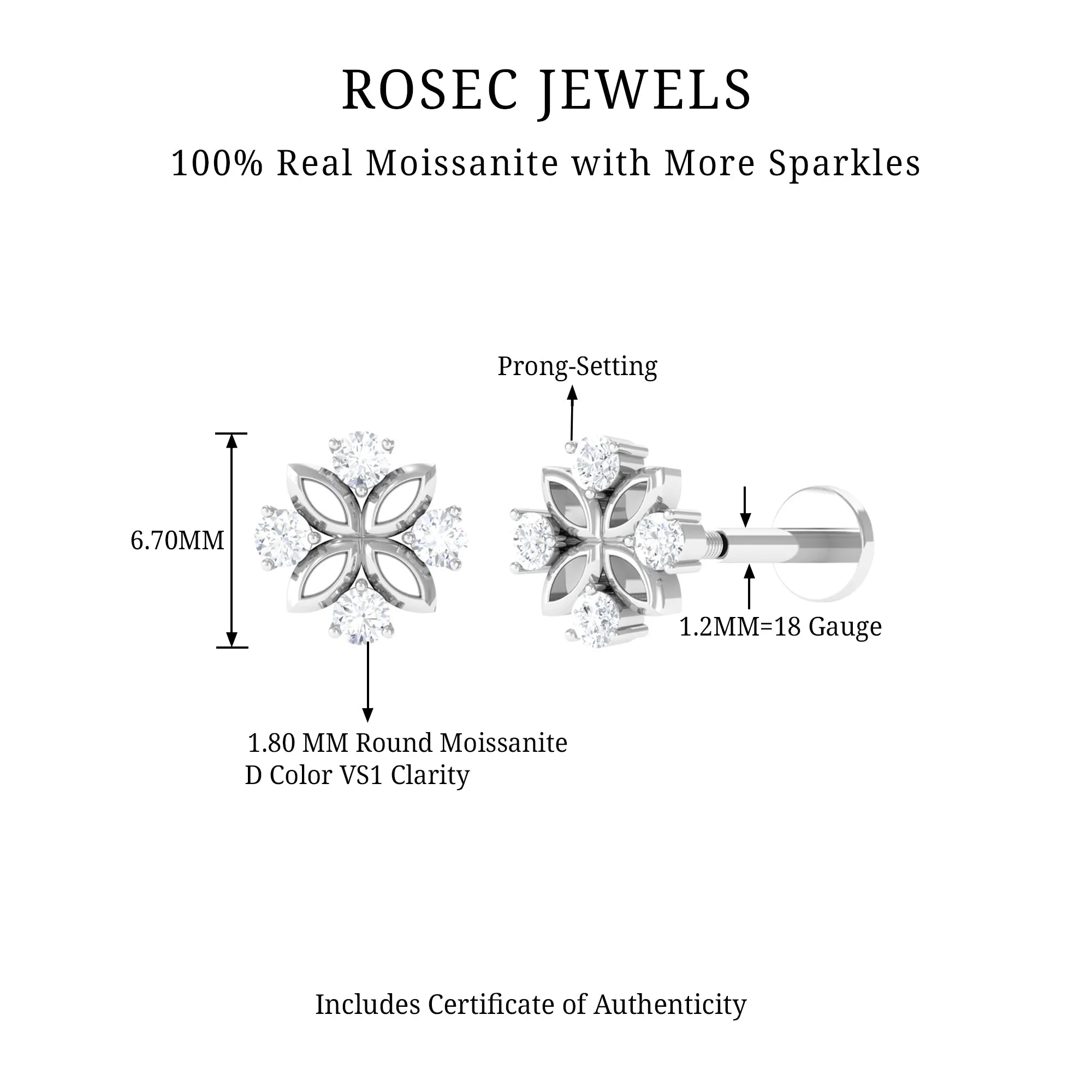 Round Moissanite Gold Flower Earring for Upper Lobe Piercing