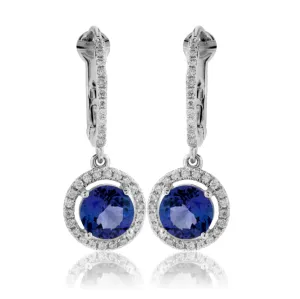 Round Tanzanite & Diamond Halo Dangle Earrings