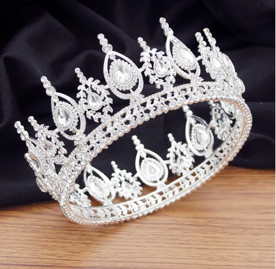 Royal Queen King Full Round Crystal Crown Wedding Bridal Hair Accessory