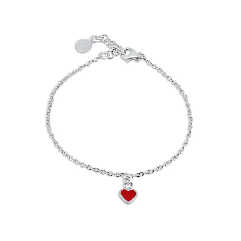 Silver 925 Rhodium Plated Rolo Link Red Enamel Heart Adjustable Bracelet