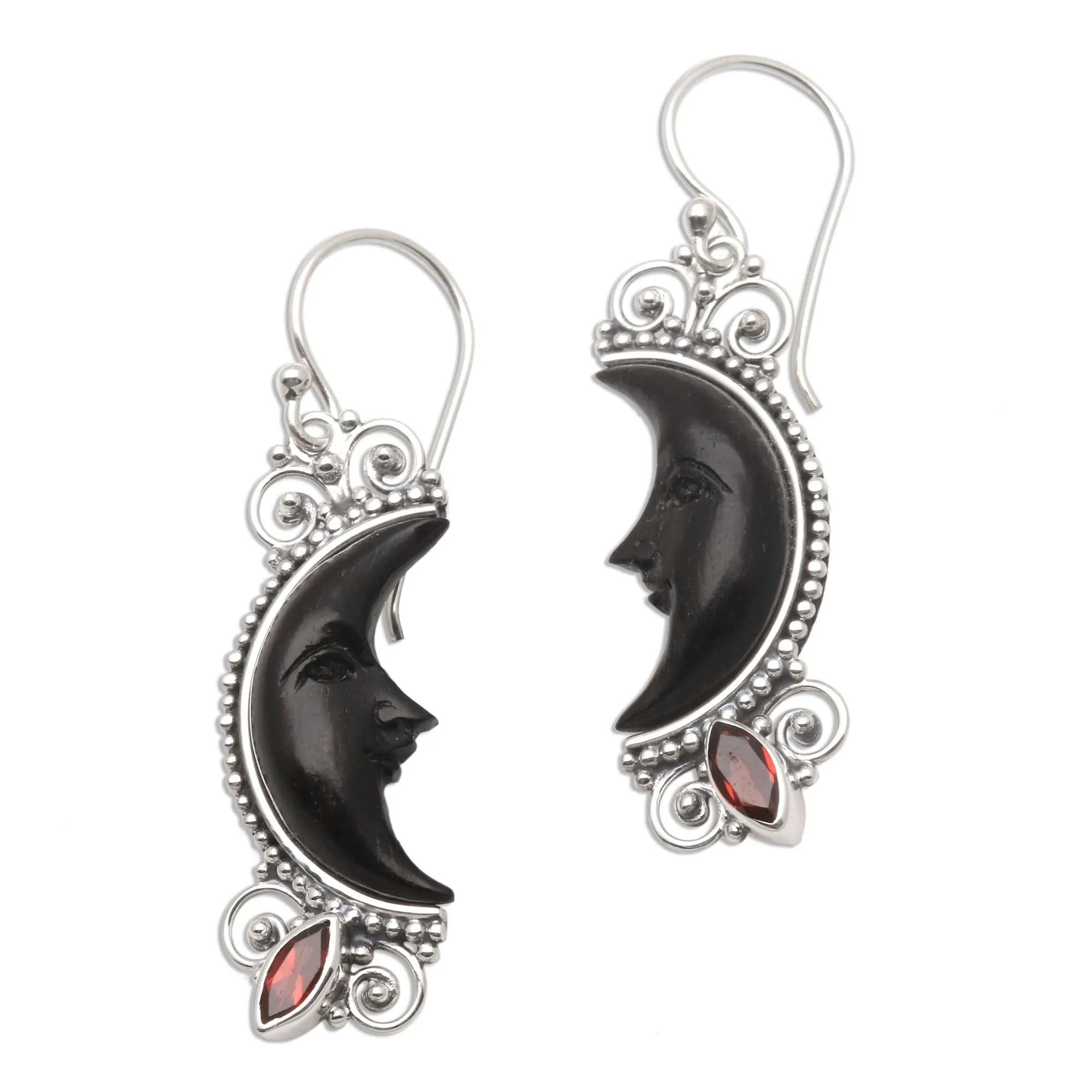 Silver and Garnet Moon Earrings with Water Buffalo Horn - Dark Crescent Moon | NOVICA