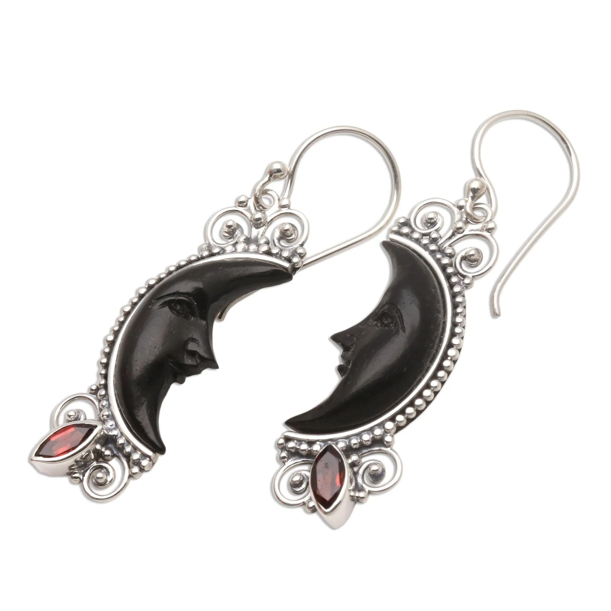 Silver and Garnet Moon Earrings with Water Buffalo Horn - Dark Crescent Moon | NOVICA