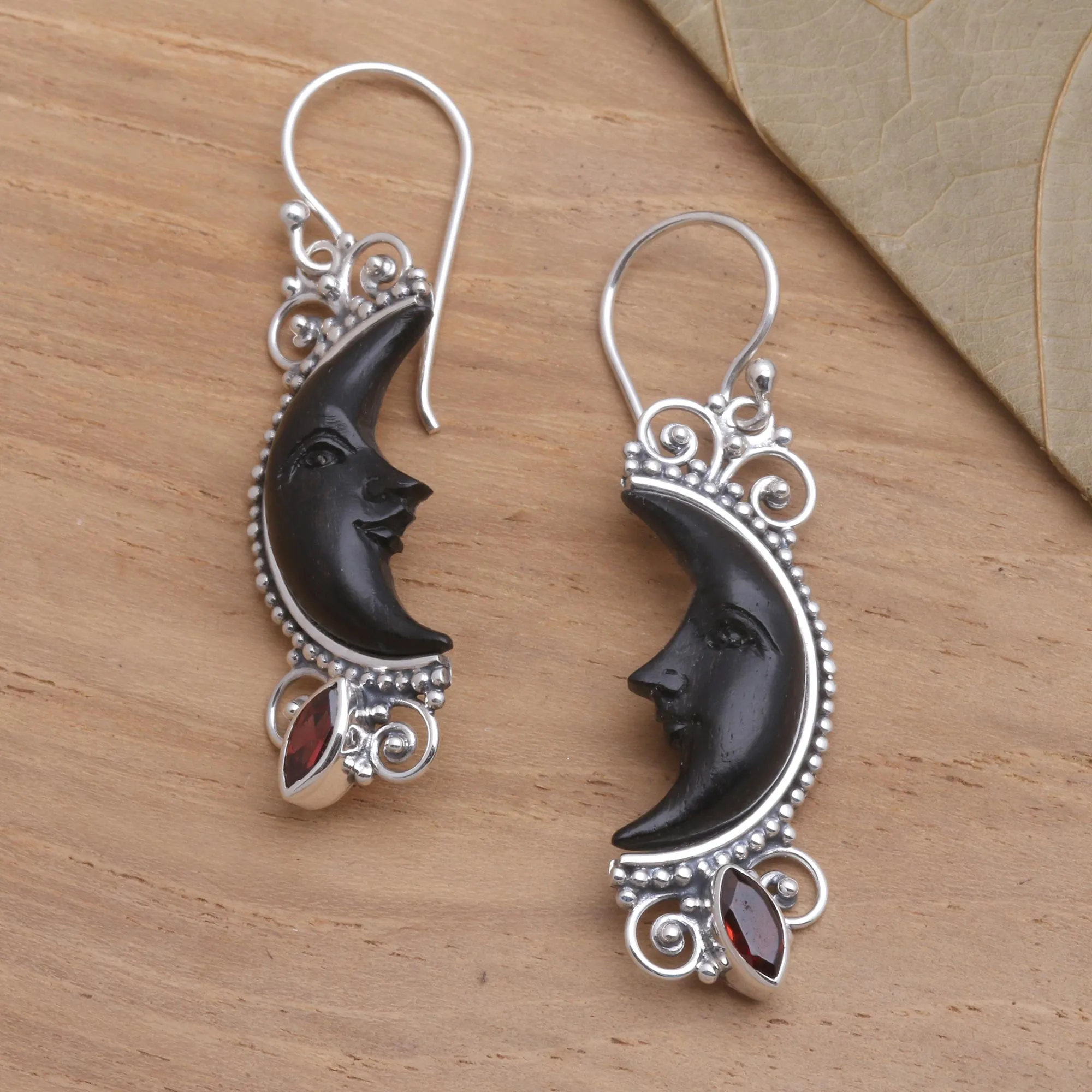 Silver and Garnet Moon Earrings with Water Buffalo Horn - Dark Crescent Moon | NOVICA