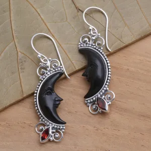 Silver and Garnet Moon Earrings with Water Buffalo Horn - Dark Crescent Moon | NOVICA