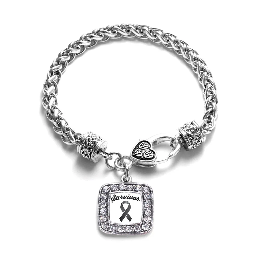 Silver Black Ribbon Survivor Square Charm Braided Bracelet