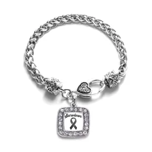 Silver Black Ribbon Survivor Square Charm Braided Bracelet