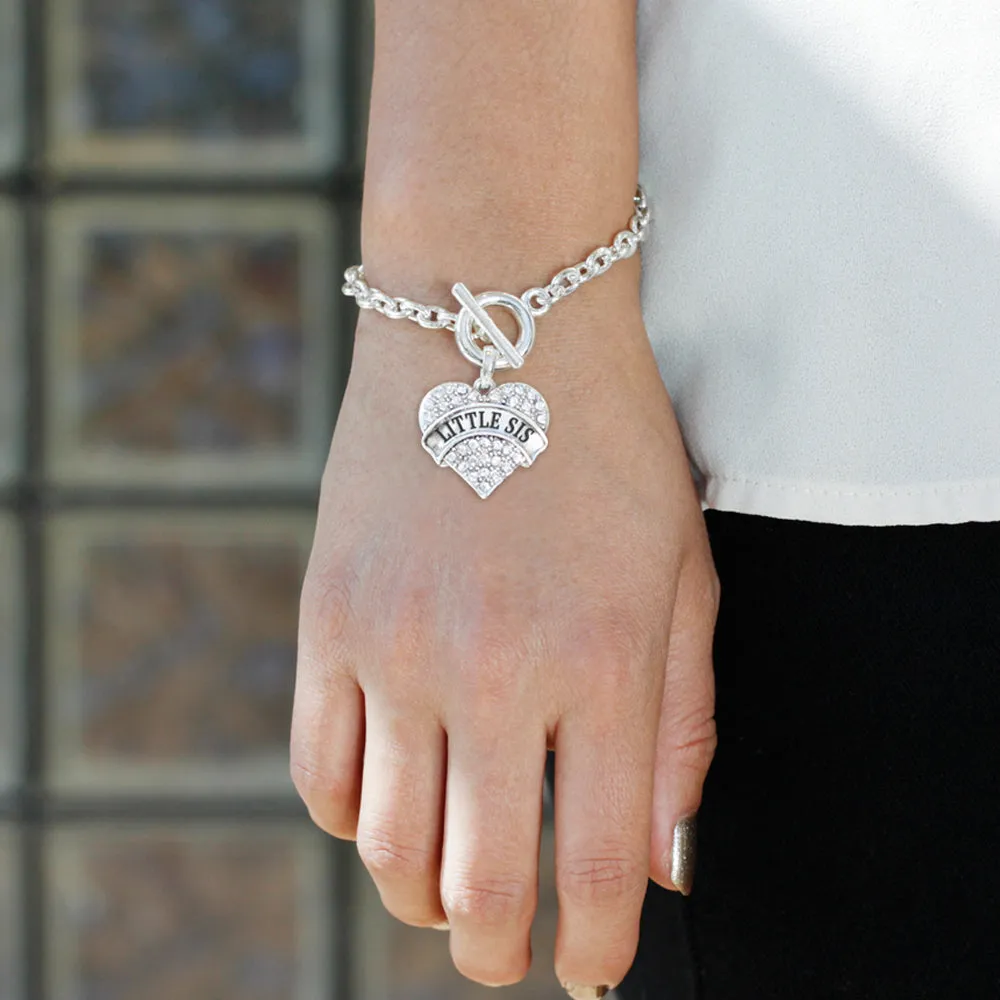 Silver Little Sis Pave Heart Charm Toggle Bracelet