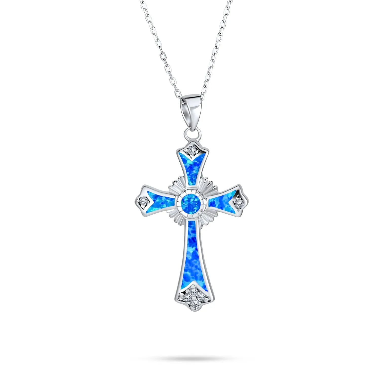 Silver Opal CZ Cross Pendant Necklace 18in Chain