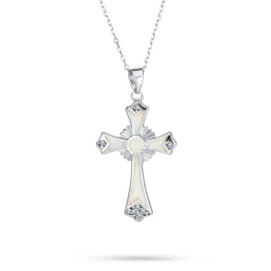 Silver Opal CZ Cross Pendant Necklace 18in Chain