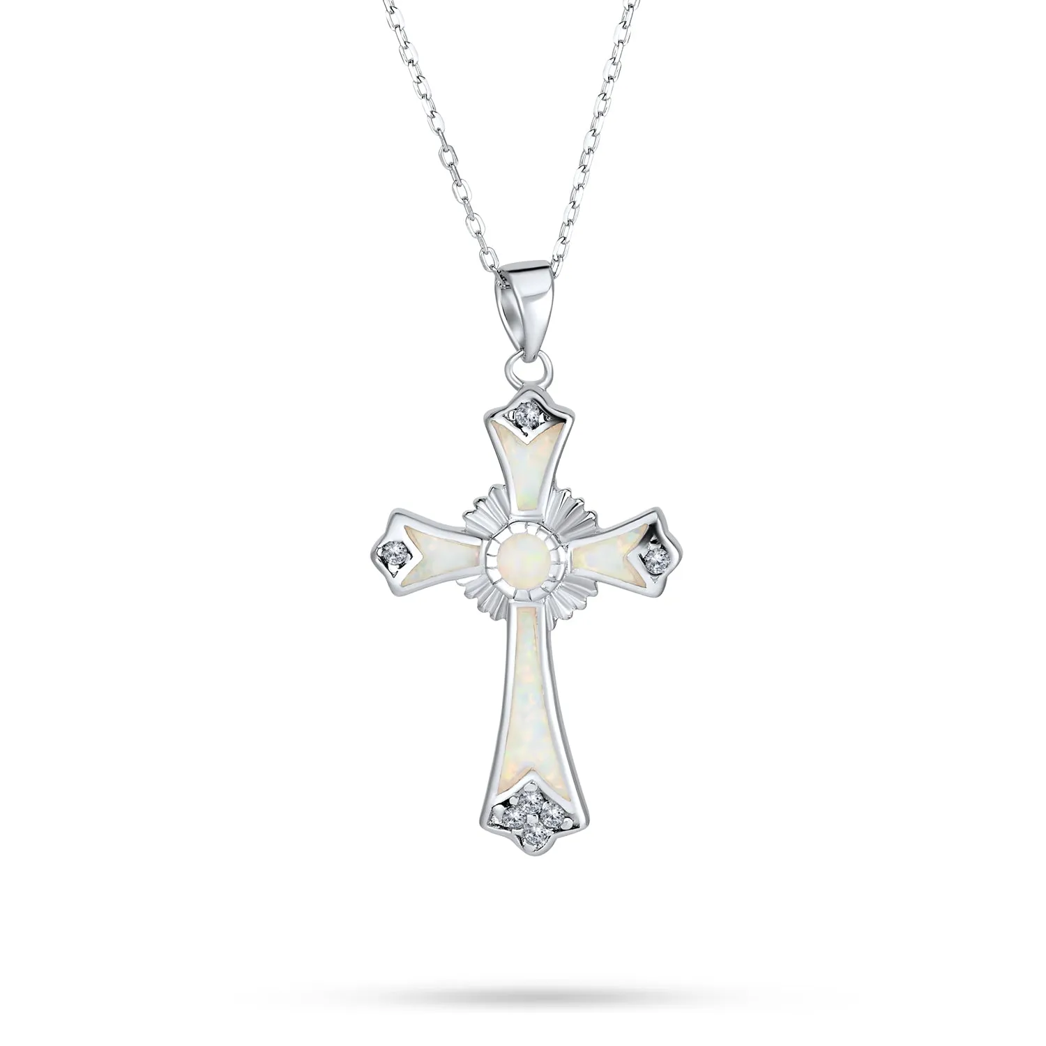 Silver Opal CZ Cross Pendant Necklace 18in Chain