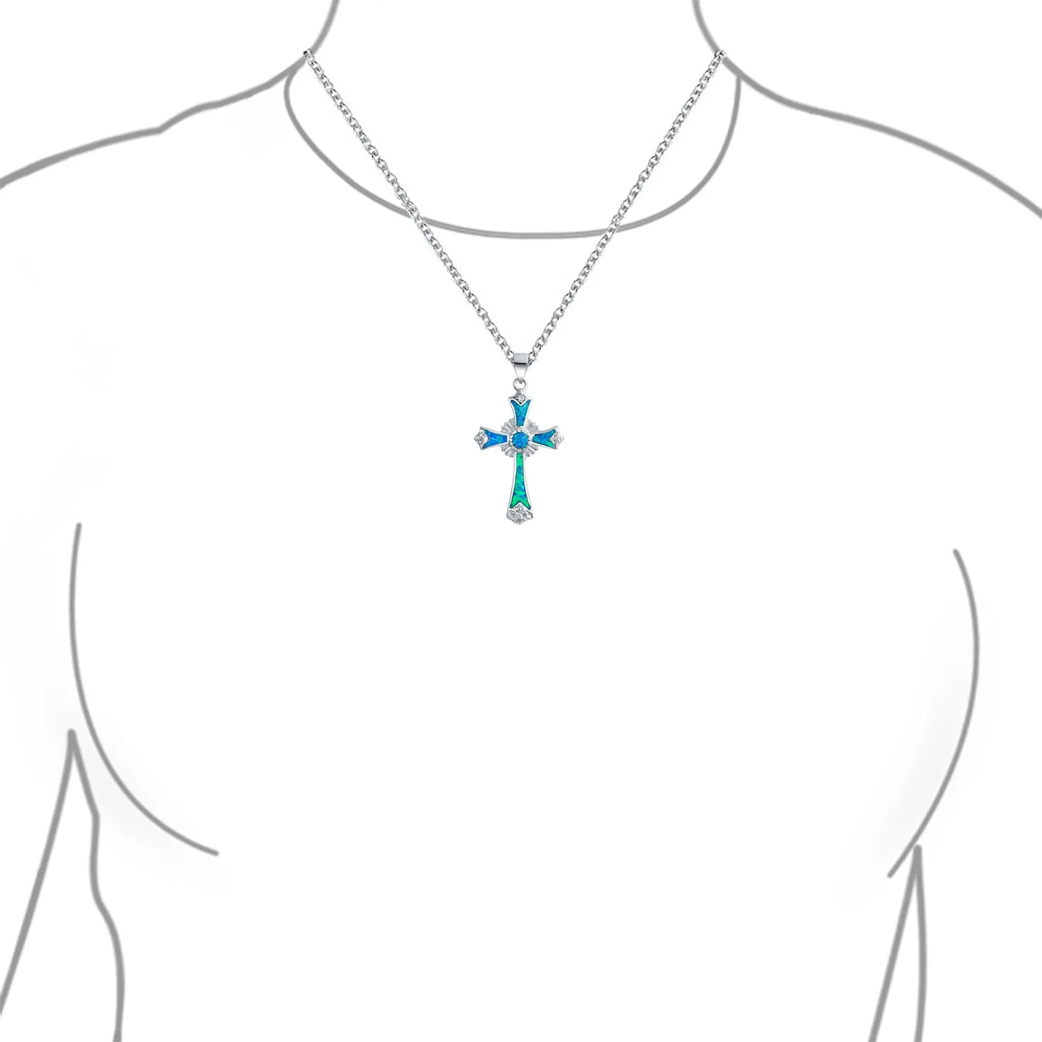 Silver Opal CZ Cross Pendant Necklace 18in Chain