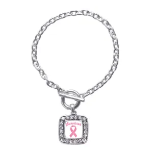 Silver Pink Ribbon Survivor Square Charm Toggle Bracelet