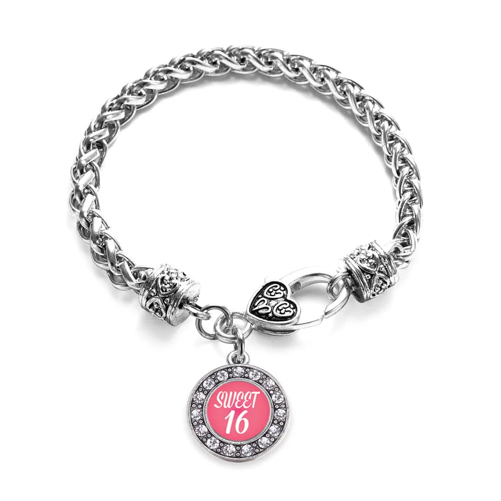 Silver Sweet Sixteen Circle Charm Braided Bracelet