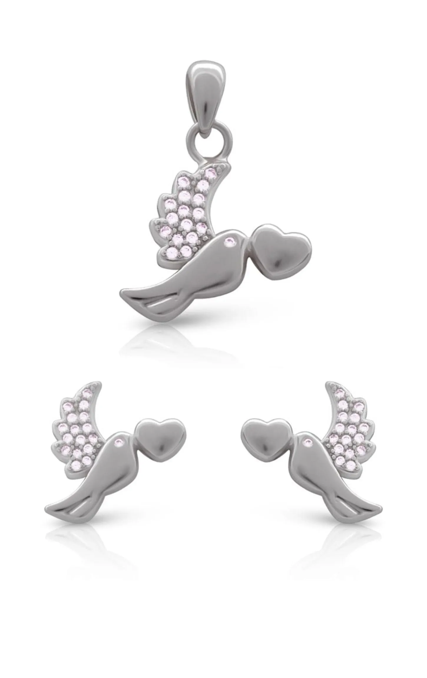 Sterling Silver Love Pigeon With Heart Pendant Set Silver