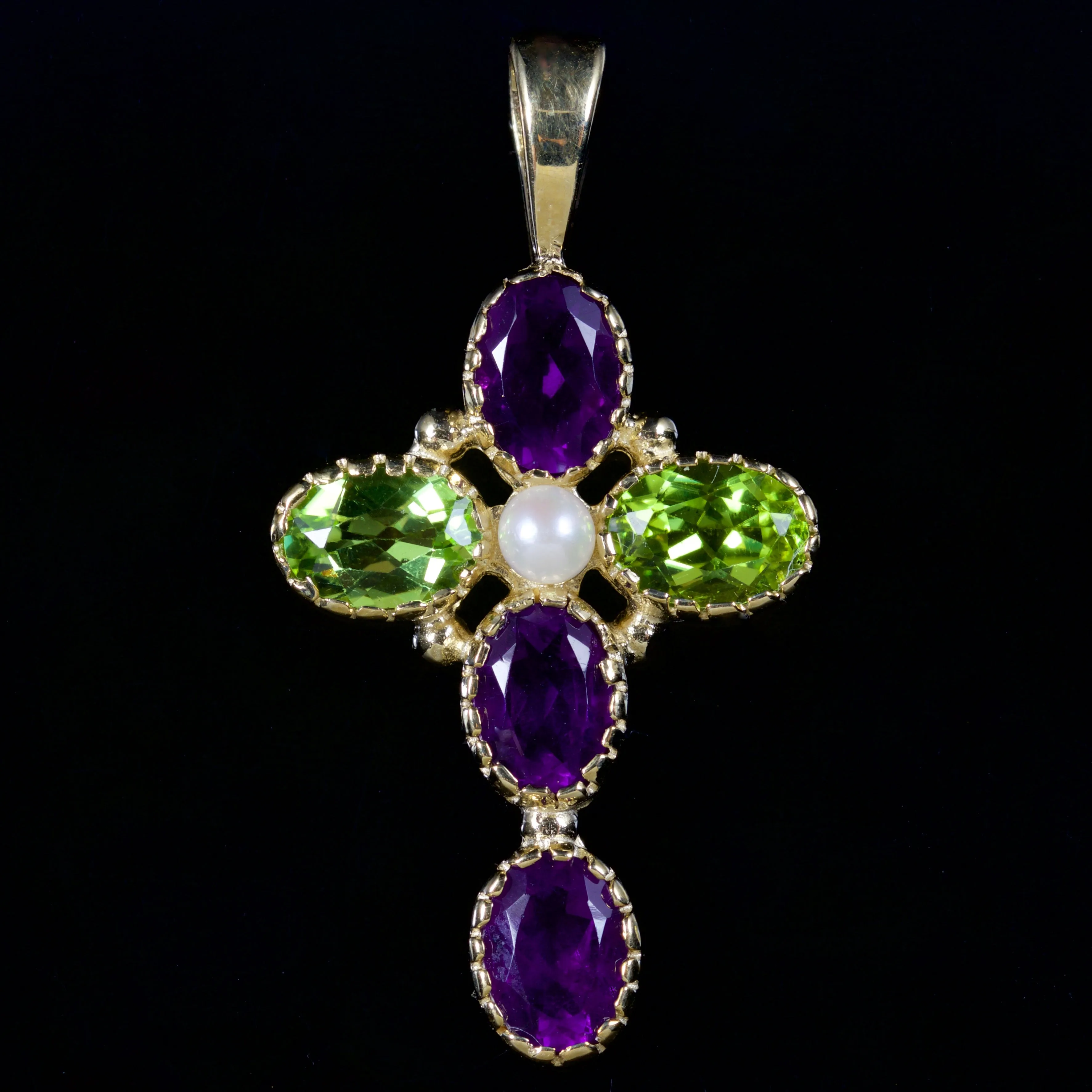 Suffragette Cross 9Ct Pendant Amethyst Peridot Pearl