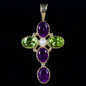 Suffragette Cross 9Ct Pendant Amethyst Peridot Pearl