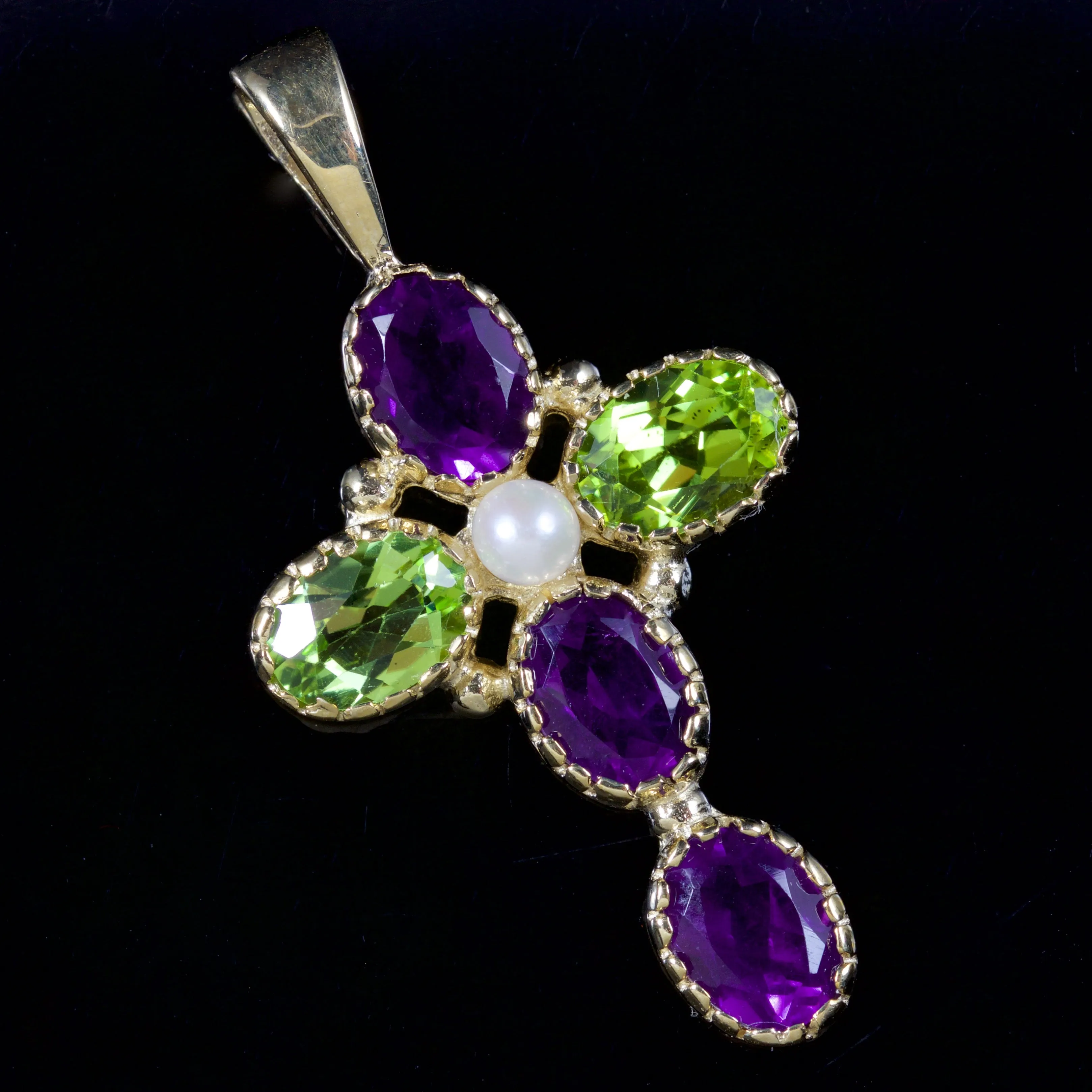 Suffragette Cross 9Ct Pendant Amethyst Peridot Pearl